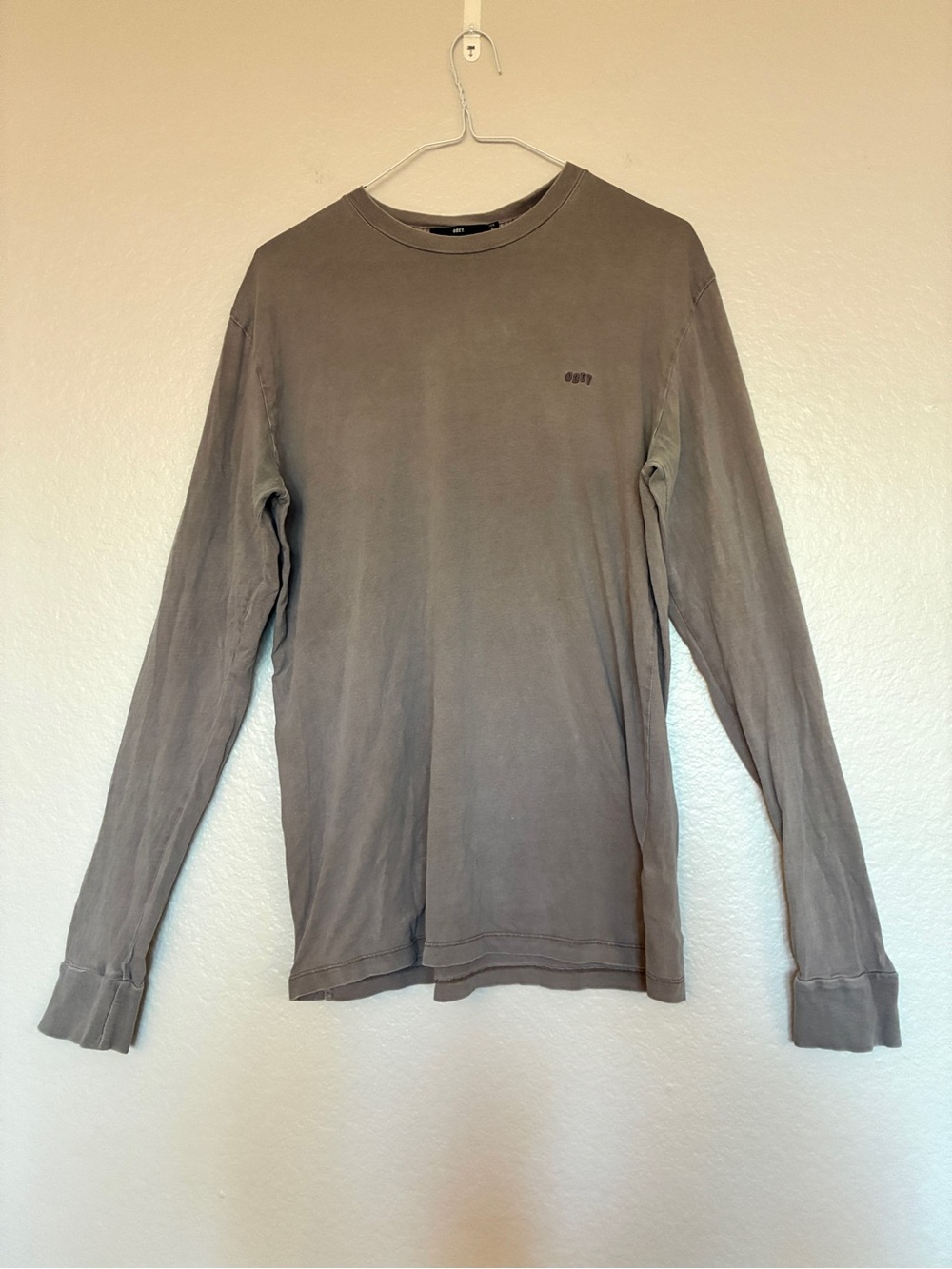 Obey Men's Long Sleeve Crewneck Tee Washed Gray Embroidered Logo Casual Y2K